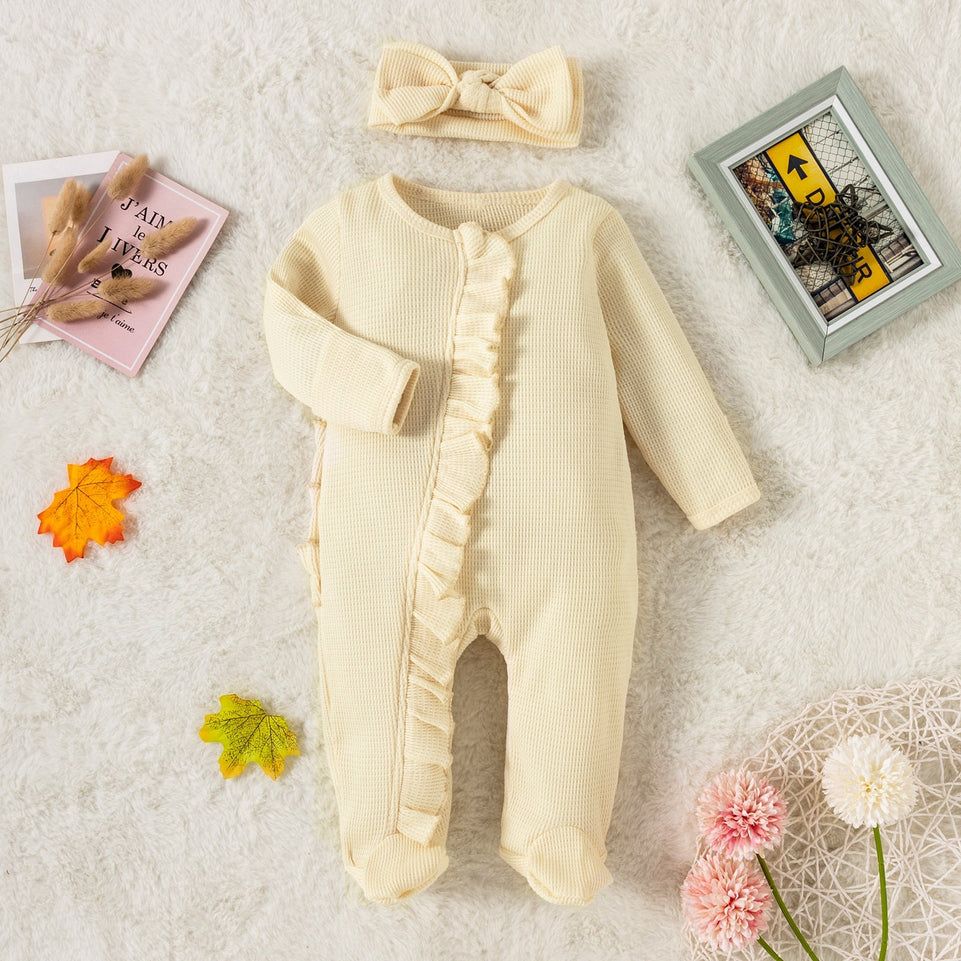 Newborn Baby Girl Rompers Long Sleeve Waffle Ruffle Jumpsuit with Headband Set Infant Kids Cotton Footie Pajamas Zipper Clothes